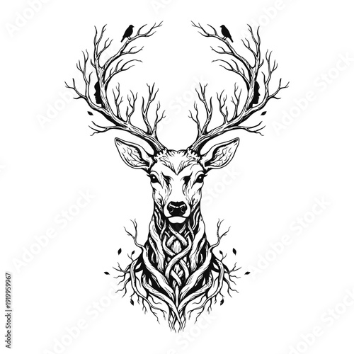 Mammal deer head silhouette and vector illustration featuring majestic stag with antler, ideal for nature themed Christmas sketches