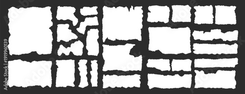 Torn paper pieces frame set. Torn paper with jagged edges. Ripped rectangular shape silhouette collection. Textured grunge elements collage, text box, poster, banner