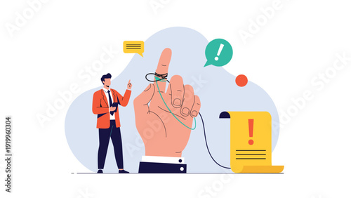 Businessman looking at a giant hand with a string tied around a finger as a memory reminder next to a large yellow document with exclamation.