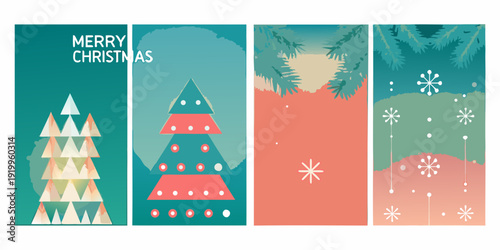 Four festive christmas cards with trees snowflakes and holiday greetings