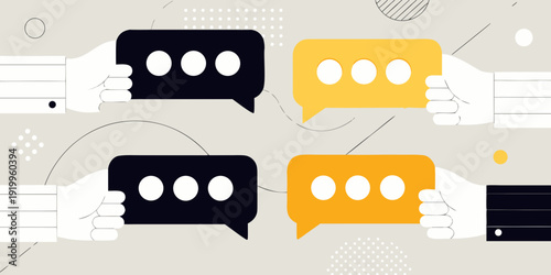 Hands holding speech bubbles with dots representing communication and dialogue