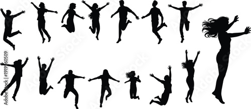 Jumping people silhouettes collection, happy men and women celebrating black vector illustration set isolated on white background design