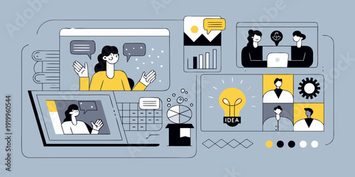 Virtual meeting and collaboration brainstorming ideas with a remote team