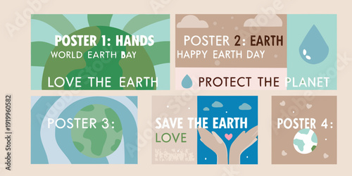 Four colorful posters promoting earth day and environmental awareness
