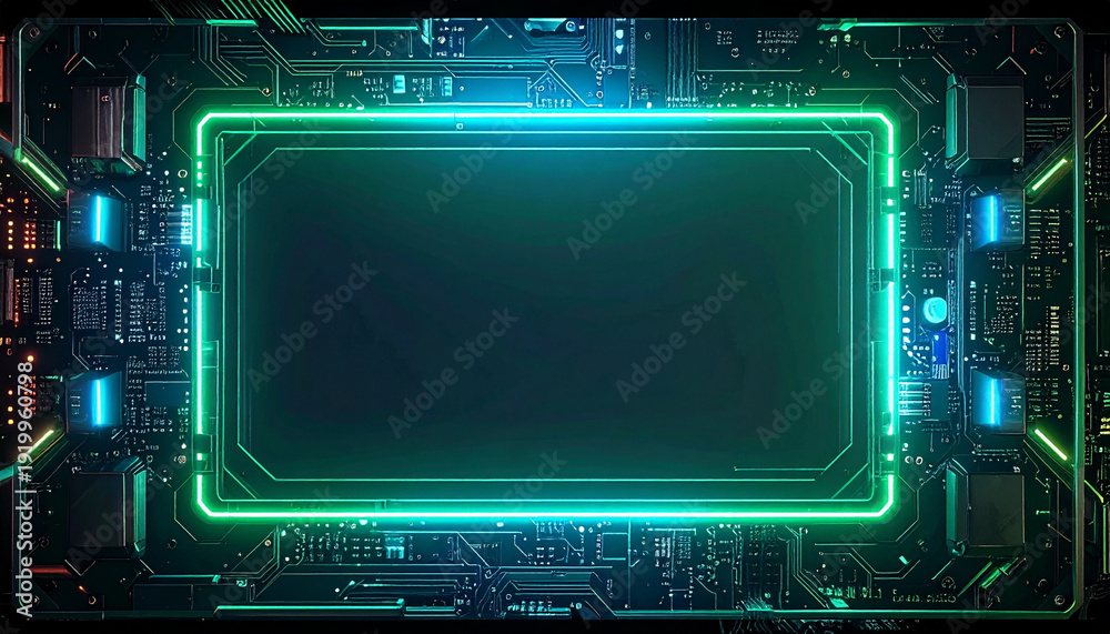 Fototapeta premium Circuit board architecture. Neon light frame for interface. Hardware for data processing. System core. Cyber infrastructure. Electronic components. Technology background. Signal flow.