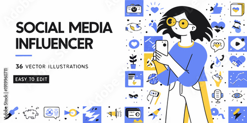 Social media influencer illustration with icons and design elements