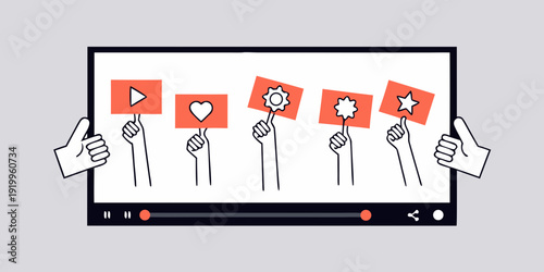 Hands holding flags with icons representing digital media and content