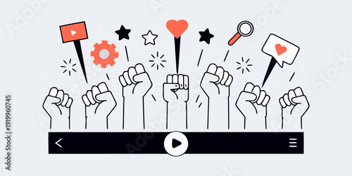 Hands raising fists with media icons and symbols of support overhead