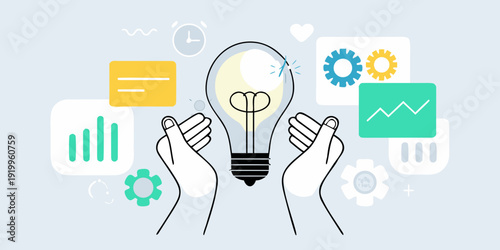 Hands cradling a glowing lightbulb with innovation and idea icons