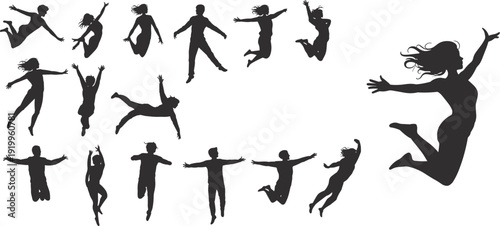 Jumping people silhouettes set, happy men and women celebrating freedom black vector illustration collection isolated on white background design