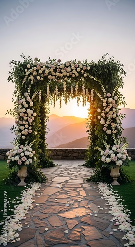 Wedding arch with white flowers and greenery on stone pathway at sunset