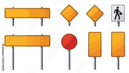 Various blank road and traffic signs in yellow and red colors with different geometric shapes isolated on white background.