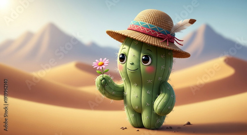 Cactus Wearing Straw Hat Holding Flower in Desert Landscape