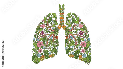 Anatomical human lungs artistically created with green leaves and pink flowers representing respiratory health and fresh air.