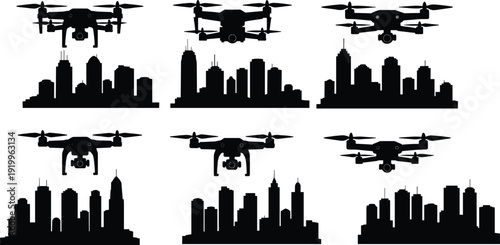 Black silhouette drones flying over city skylines
