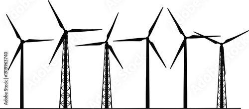 Black silhouette wind turbines on white background renewable energy
