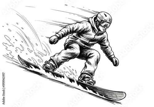 Dynamic Snowboarder Sketch Illustration in Monochrome Style