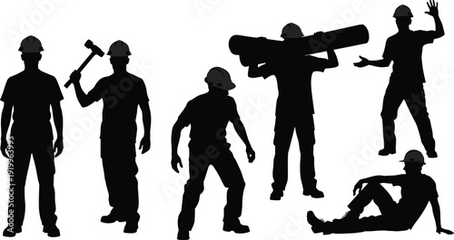 Black silhouettes of construction workers in various poses white background hard hats