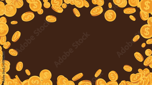 Rain of shiny gold dollar coins falling on a dark brown background representing wealth, finance, and big money gains.