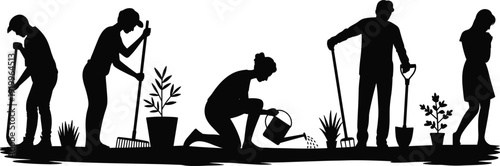 People gardening and planting silhouettes set, men and women with shovel and watering can, outdoor yard work isolated on white background illustration