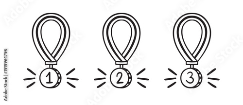 medal first, second, third place. Medal icon doodle hand drawn. Winner outline line drawing clipart symbol