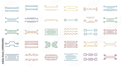 Collection of minimalist line art horizontal dividers and decorative text separators presented in various colors and abstract graphic styles