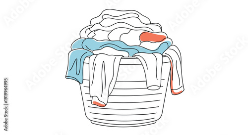 Large laundry basket overflowing with a pile of clean clothes in white blue and red colors represented in a simple minimalist line drawing.