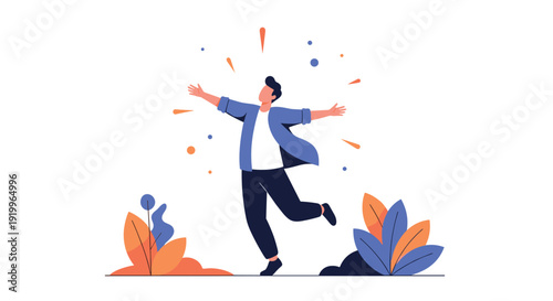 Happy man celebrates with his arms wide open in a lush garden setting surrounded by vibrant leaves and colorful floating bubbles in the air.