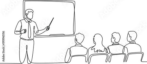 Business presentation line art illustration with speaker pointing at board, audience listening, corporate training session, education and communication concept, minimal vector style