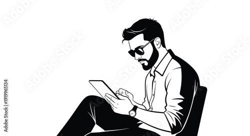 Striking black and white illustration of a bearded man with sunglasses sitting and using a digital tablet for work or personal entertainment.