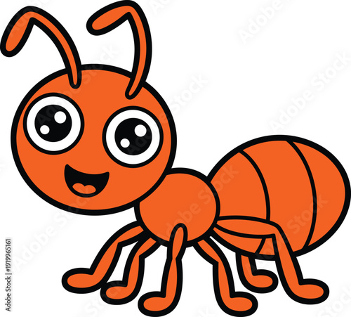 Cute ant cartoon, orange worker ant insect character, funny bug smiling vector illustration