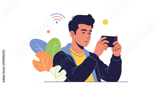 Young man holding a smartphone horizontally while playing games or watching videos, surrounded by decorative leaf patterns and a wifi symbol.