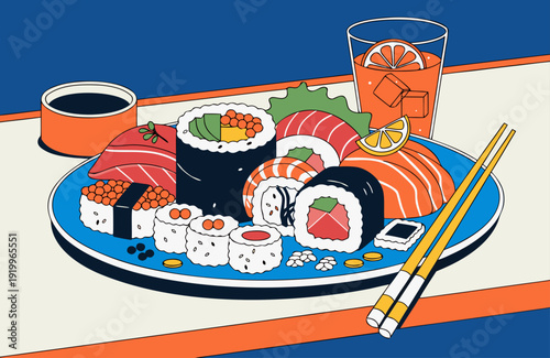 Sushi Culture And Culinary Tourism Illustration Of Sushi Plate With Salmon Tuna Maki Rolls And Citrus Drink For Restaurant Marketing