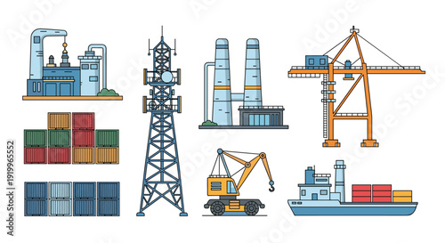 Comprehensive set of industrial icons including a factory, radio tower, smokestacks, cargo ship, crane, and stacked shipping containers in vector.