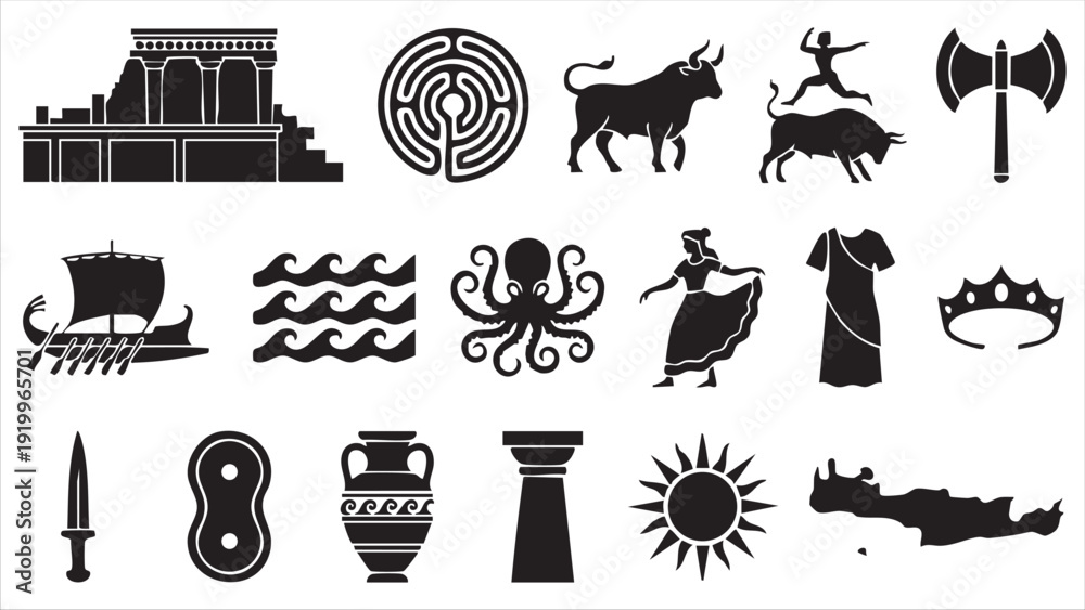 Αυτοκόλλητο Minoan civilization icons including knossos palace labyrinth and bull leaping ri