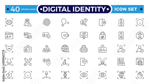 Digital Identity outline icon set. Biometrics security vector symbols. MFA digital identity protection. Fingerprint face scan key. Cyber safety data access login lock shield. Editable stroke outline 
