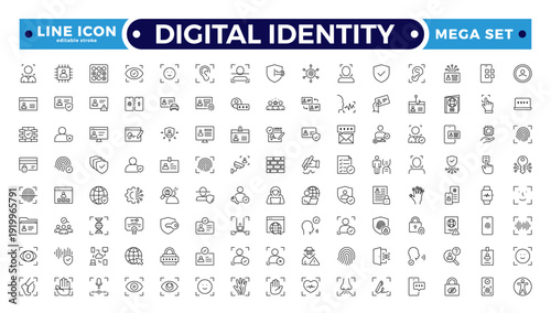 Digital Identity outline icon set. Biometrics security vector symbols. MFA digital identity protection. Fingerprint face scan key. Cyber safety data access login lock shield. Editable stroke outline 
