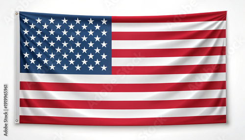 USA Flag Hanging on White Wall with Stars and Stripes for Patriotic Holidays. American Flag Background for Memorial Day and Independence Day July 4th