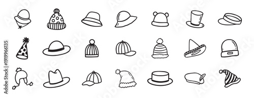 hat doodle hand drawn icon set. Outline drawing hats line clipart symbol collection