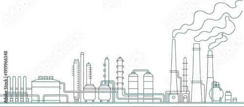 Industrial factory refinery line illustration with pipelines, storage tanks and smokestacks emitting smoke, manufacturing plant infrastructure, energy production, industrial landscape vector