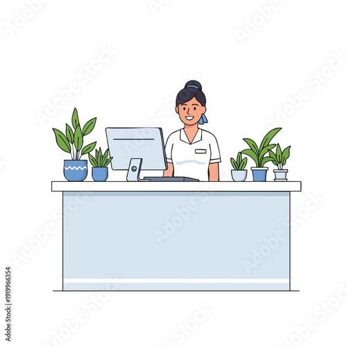 Professional Female Customer Service Representative Working at Desk with Plants