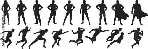 Superhero silhouettes set with standing power poses and running action figures, comic hero vector illustration isolated on white background