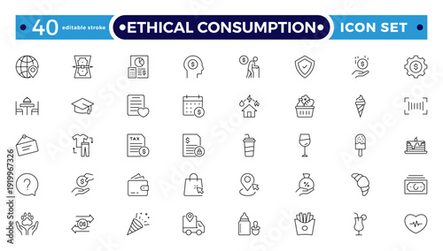 Ethical Consumption and Sustainable Lifestyle outline Icon Set. Eco-Friendly Shopping, Zero Waste, Green Retail, and Environmental Protection Line Vector Collection. Editable stroke outline icon.
