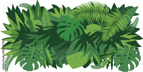 Tropical jungle leaves illustration vector, lush green foliage background with monstera palm fern leaves, botanical nature composition flat design isolated