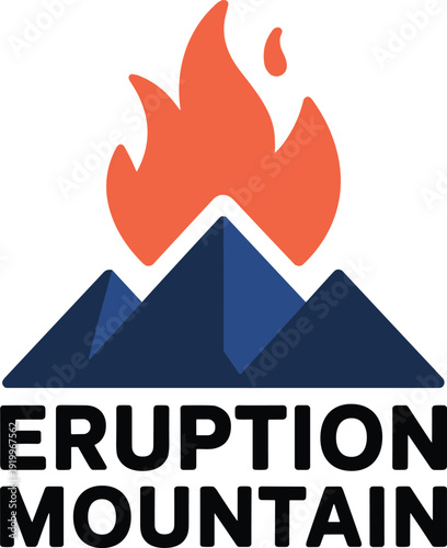 Volcanic mountain eruption logo illustration with lava flame and peaks, natural disaster symbol, geology and danger concept, bold flat vector design