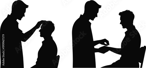 Silhouette of two men getting a haircut and manicure barber
