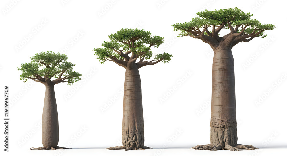 Fototapeta premium Three Iconic Baobab Trees with Thick Trunks and Green Canopies, African Landscape Design