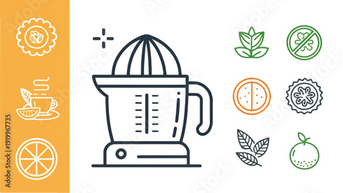 Minimalist vector illustration of a classic silver juicer device, flat style, with a transparent pitcher on a white background.