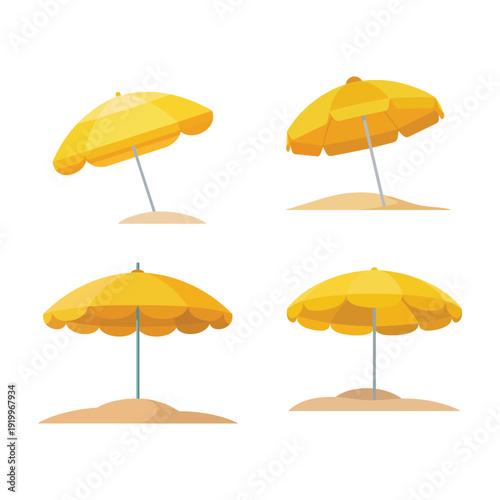 Modern yellow parasol umbrella on beach sand minimal flat design vector