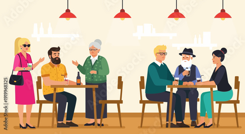 people socializing at cafe, friends talking, drinking beverages